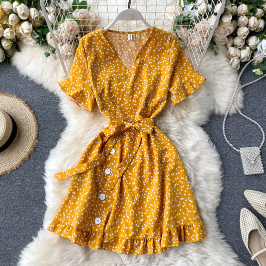 Dress 2025 new summer sweet love print trumpet sleeve tie waist short style R2166