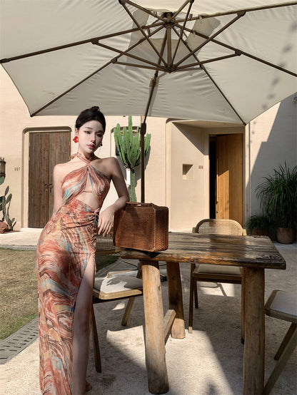 Beach dress for vacation, slim and sexy, backless, halter neck, high slit dress R1612