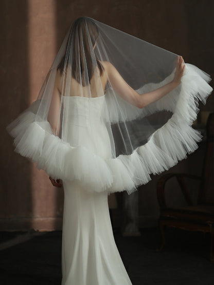 White Ruffles Tulle Wedding Veil Without Comb