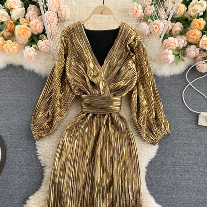 Fashion blogger retro palace style dress new temperament V-neck tie waist dress R2199