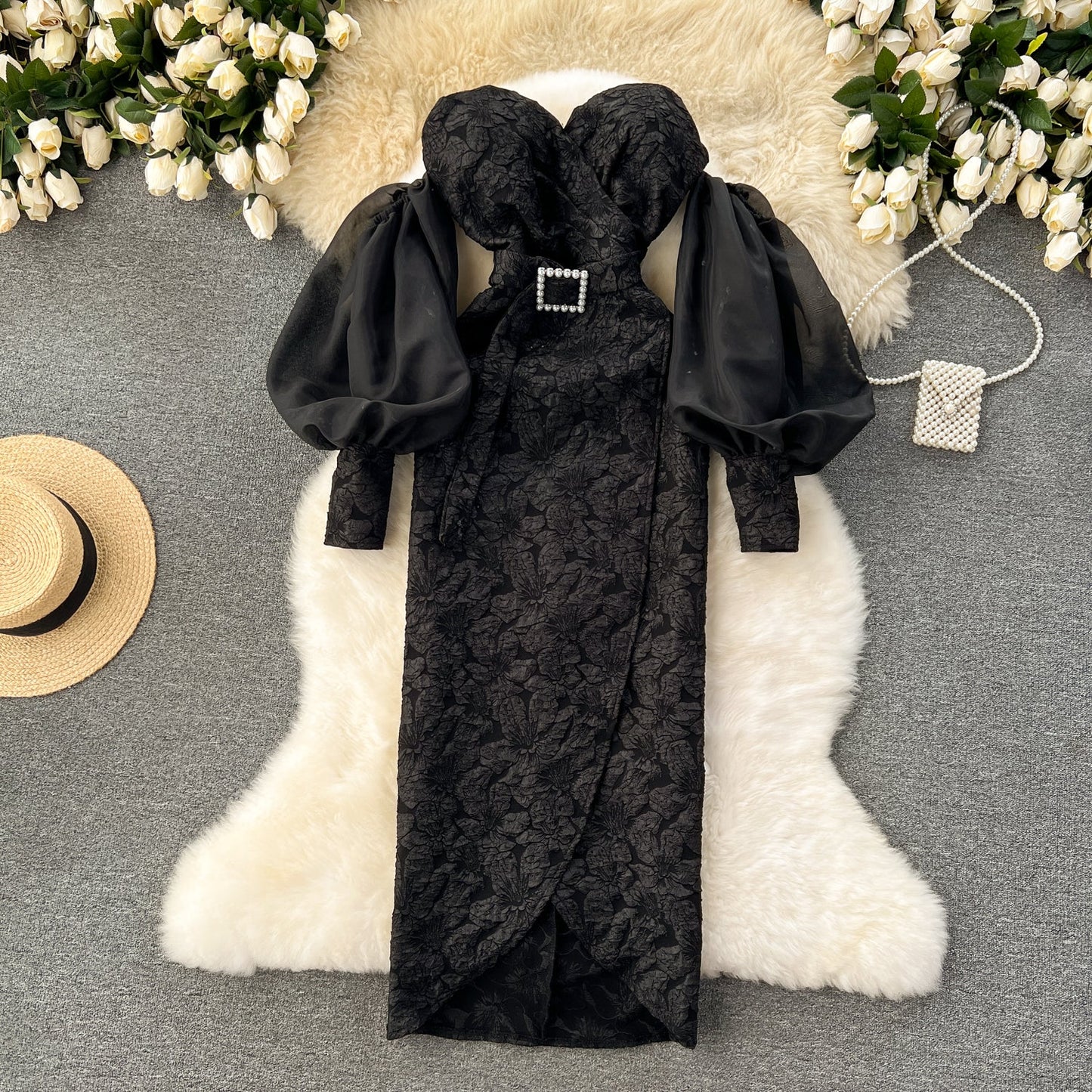 Banquet dress niche lantern sleeves sexy off-shoulder tube top slim fit long dress R2203