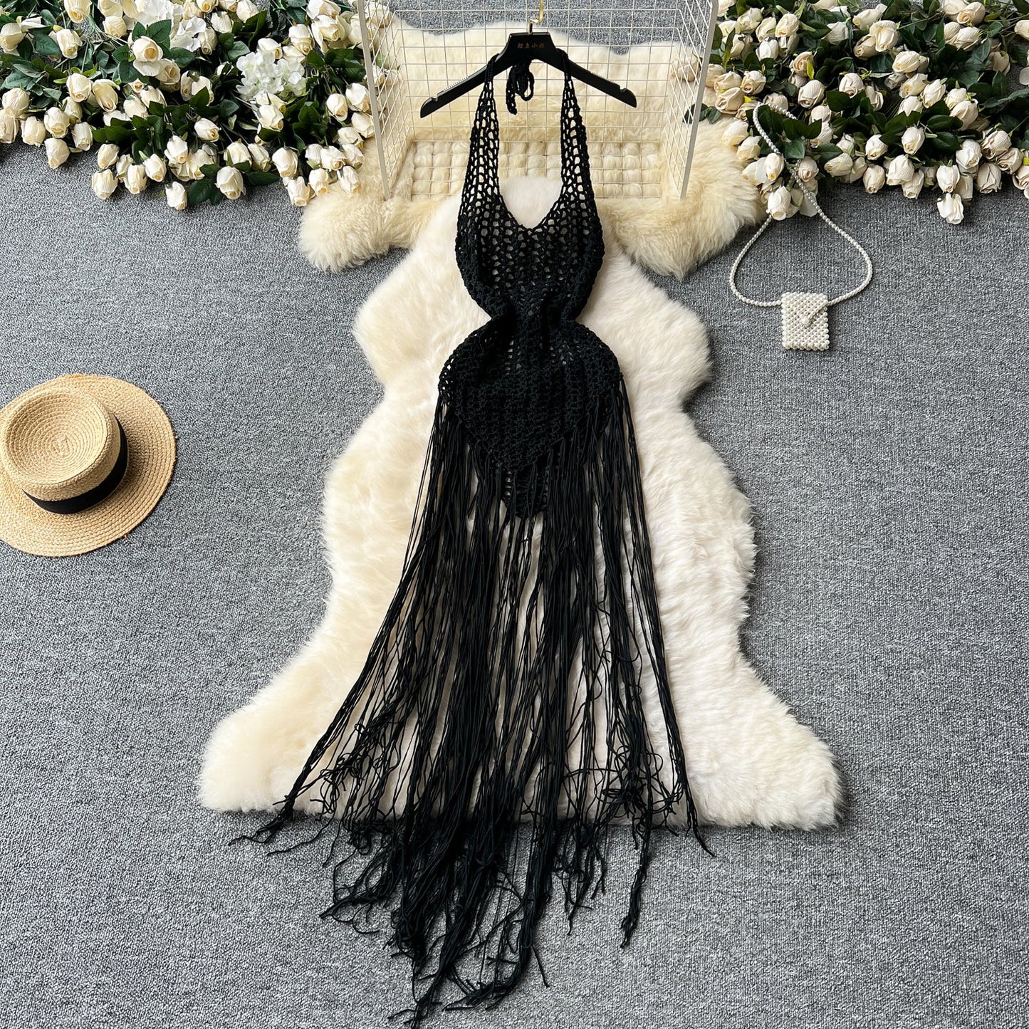 European and American sexy hollow lace knitted tassel blouse dress slim holiday top R2202