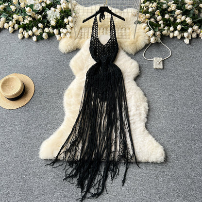 European and American sexy hollow lace knitted tassel blouse dress slim holiday top R2202