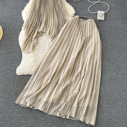 Beach Vacation Fashion Set Halter Neck Pleated Tank Top + High Waist Midi Skirt R2204