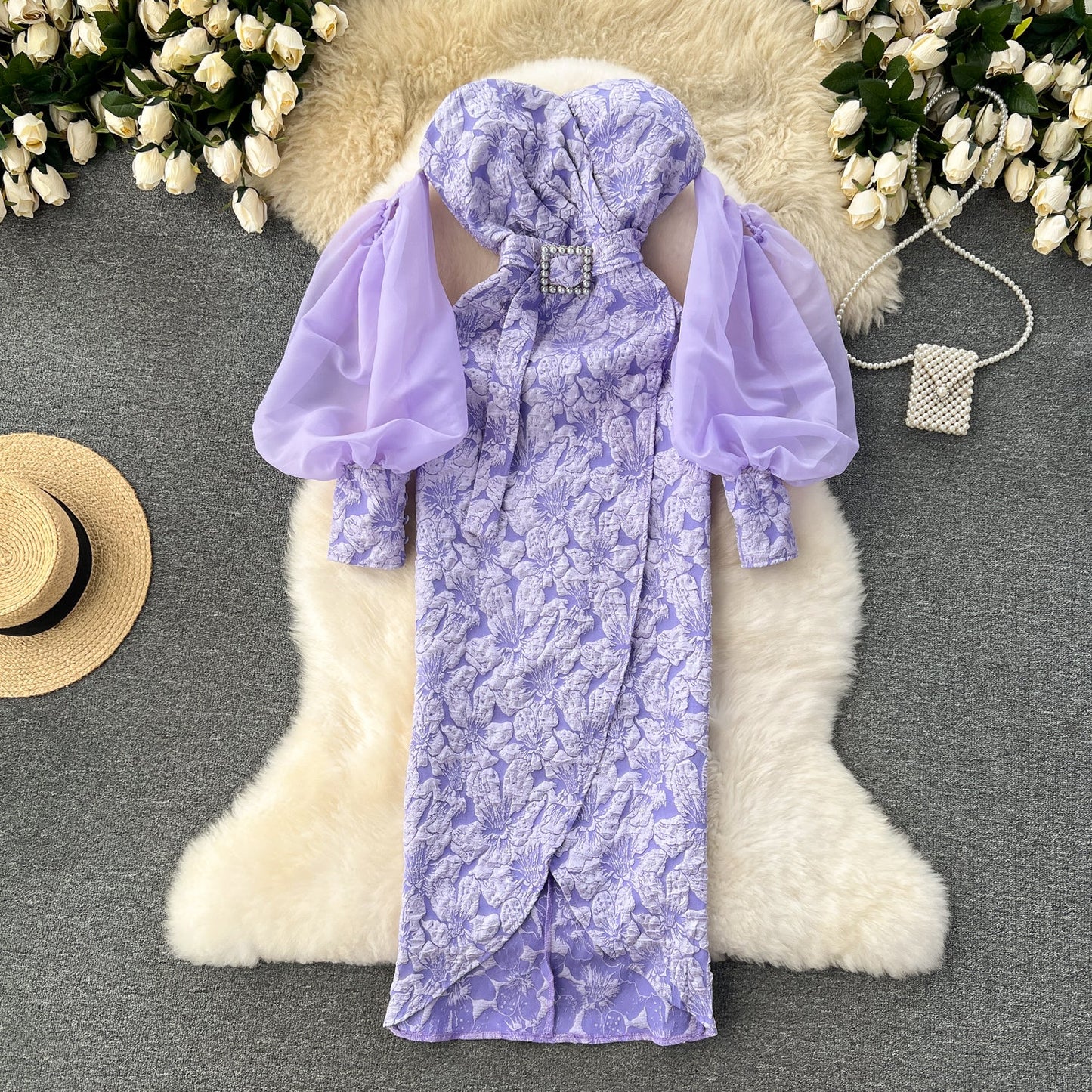 Banquet dress niche lantern sleeves sexy off-shoulder tube top slim fit long dress R2203