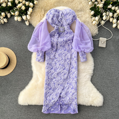 Banquet dress niche lantern sleeves sexy off-shoulder tube top slim fit long dress R2203