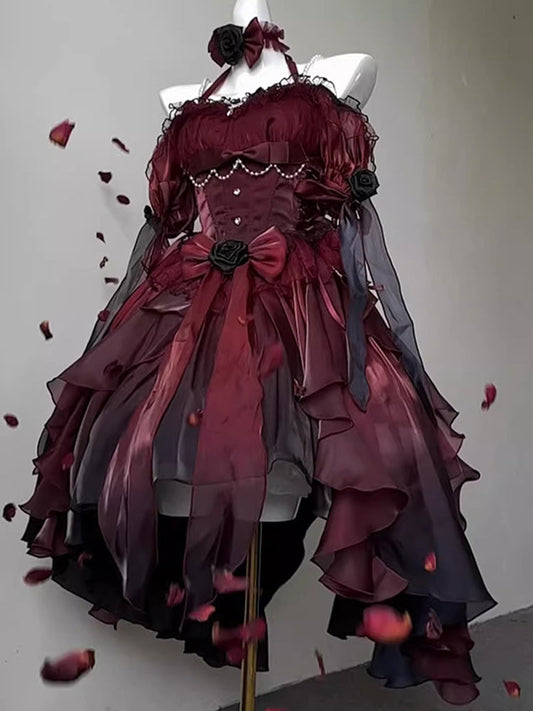 Black and red gradient short front and long back wedding dress lolita dress trailing princess dress R1674