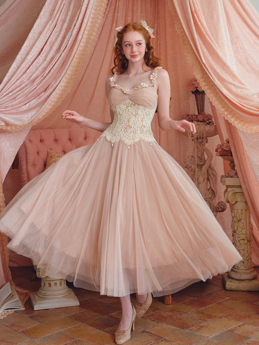 French sweet lace pink mesh fish bone suspender dress fairy dress homecoming dress R5140