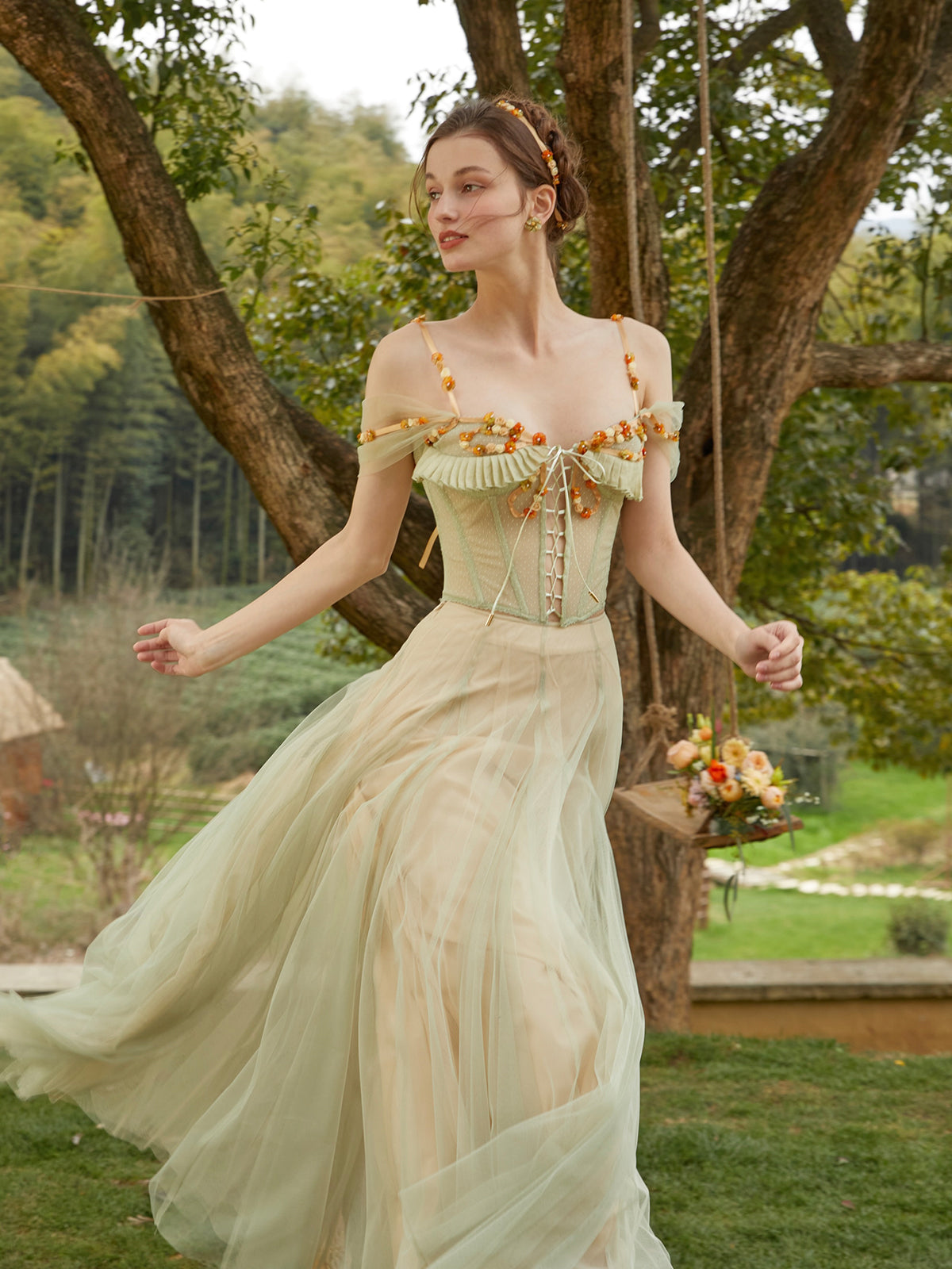 French Green Fairy Dress Set Heavy Fishbone Corset Top Tulle Skirt Homecoming Dress R5144