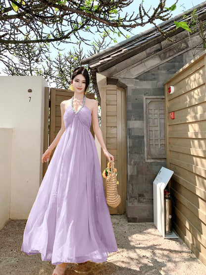 Beautiful little skirt yellow backless halter neck long skirt new style R0641