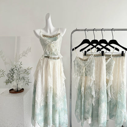 Embroidered Moon Exotic Style Fake Two-Piece Embroidered Suspender Lace Layered Skirt R2047