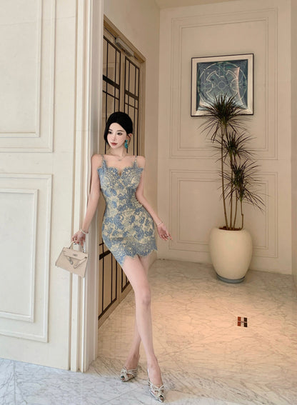 Blue suspender dress, sexy waist, slim hip skirt R0579