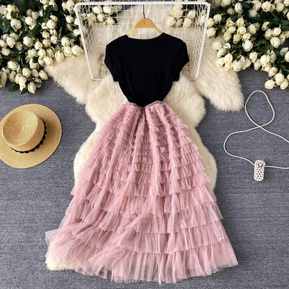 European and American style high-end dress mesh design waist slimming super fairy long skirt R2228