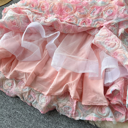High-end dinner party dress heavy three-dimensional rose flower waist suspender dress R2221