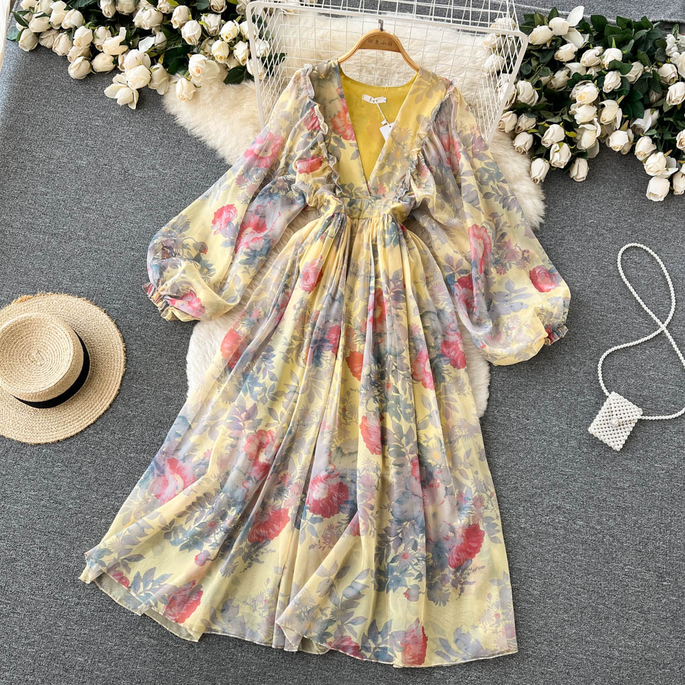 Cute A line long sleeves floral dress women's dress P099