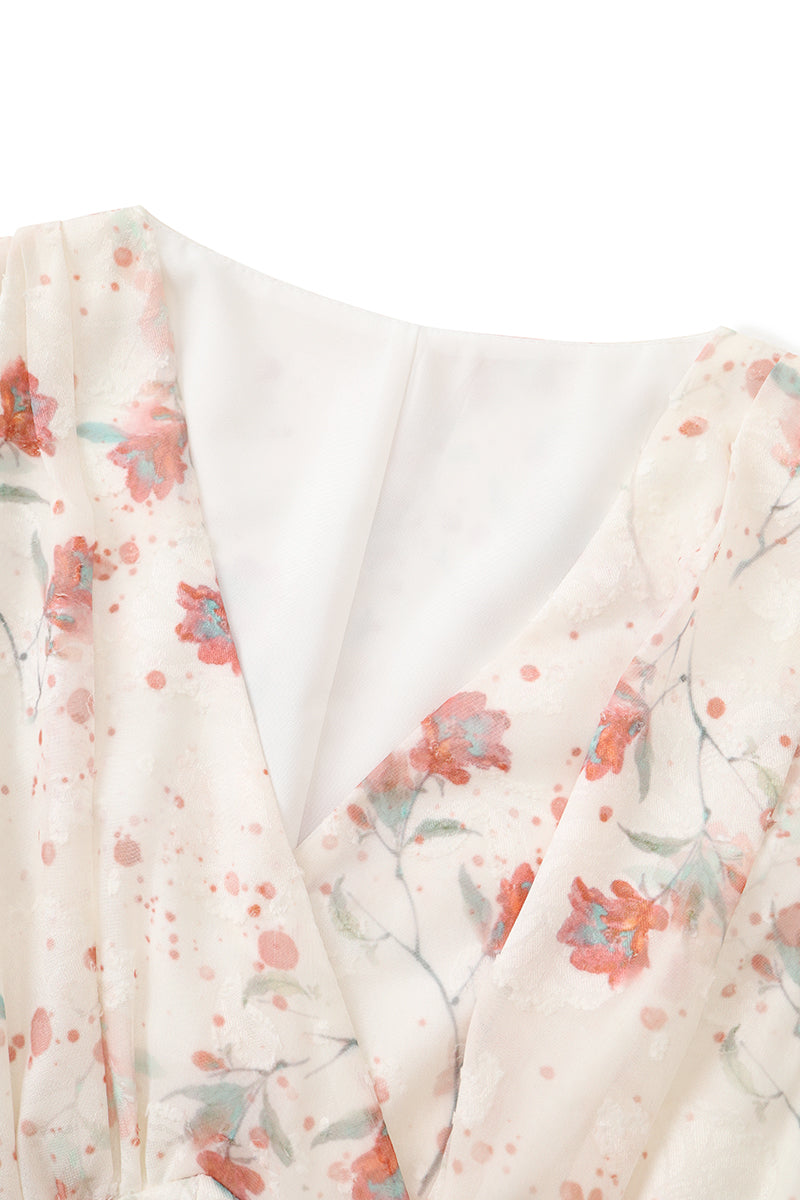 Begonia floral V-neck dress new French gentle puff sleeve temperament design long dress R0117
