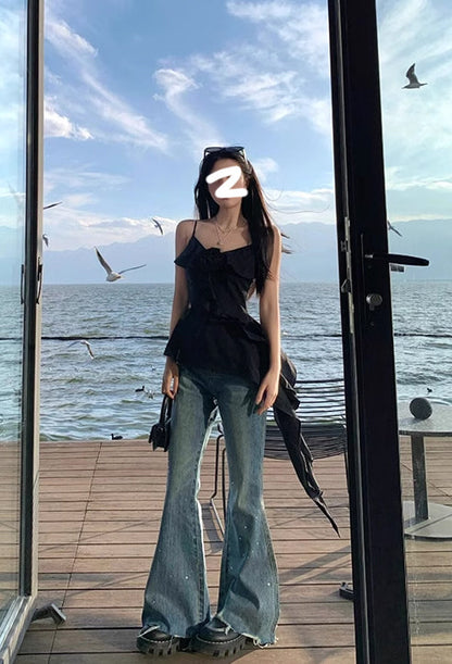 Black V-neck ruffled camisole vest for women 2025 new summer hot girl slim irregular hem top R0107