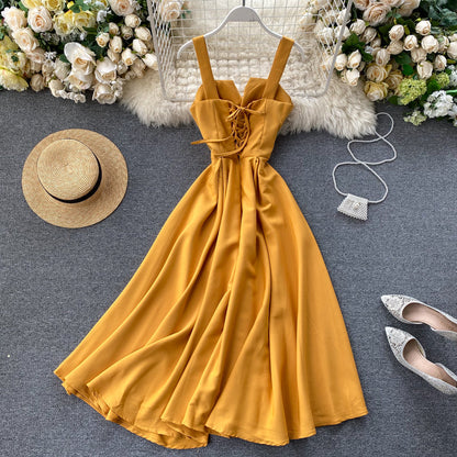 2025 new design V-neck backless retro solid color waist slimming dress R2157