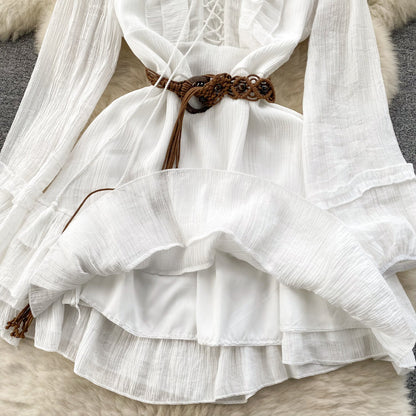 2025 new holiday style outfit sweet wood ear straps slim short ruffle dress R2162