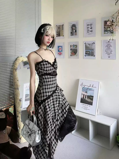 New Fashion Plaid Ruffled Irregular Dress Hem Design A-line Sleeveless Spaghetti Strap Dress TP3304