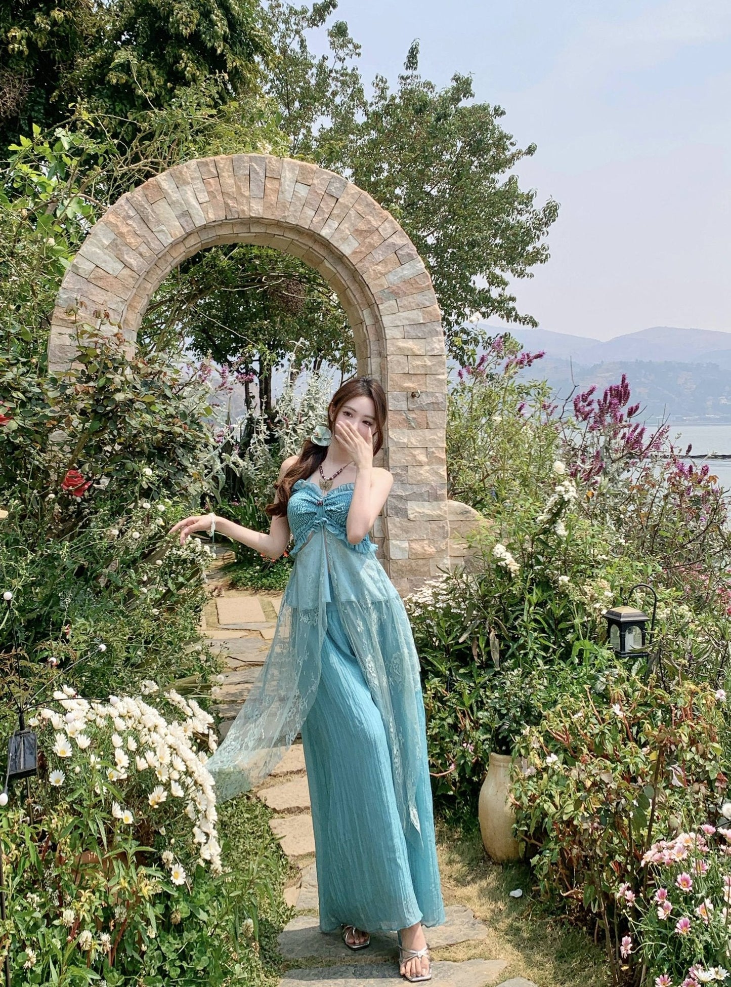 Beautiful unique green tube top casual wide leg pants two piece suit 2025 R0780