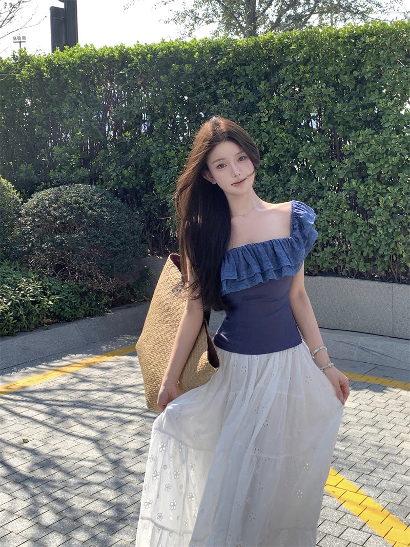 Beautiful outfit set, gentle temperament, beautiful one-shoulder top, A-line skirt, two-piece suit R0728