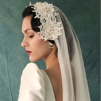 Vintage Flowers White Tulle Bridal Veil