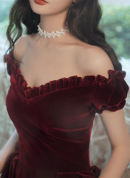 omberprom Wine Red Off Shoulder Velvet Tea Length Party Dress Prom Dress Homecoming Dress Cocktail Dress Wholesale