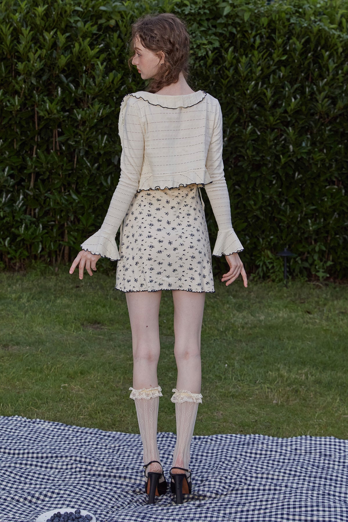 French Girl Knitted Cardigan Floral Stretch Ruffled Suspender Dress Set Homecoming Dress R5161