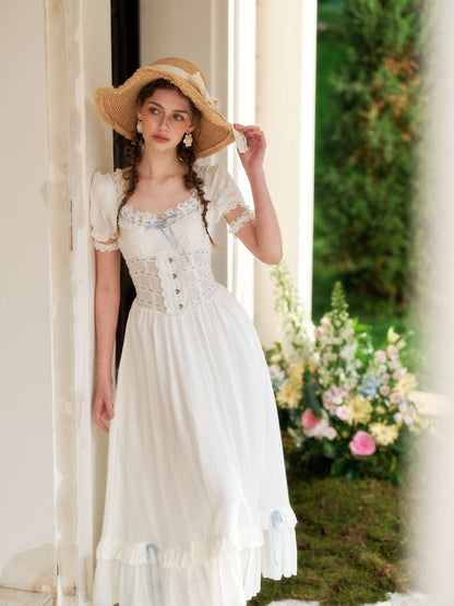 French pastoral white big swing fishbone dress long little white dress homecoming dress R5155