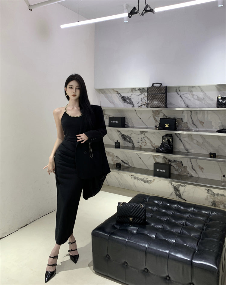 Black slim waist halter dress sexy backless holiday hip-hugging slit inner long skirt R1445