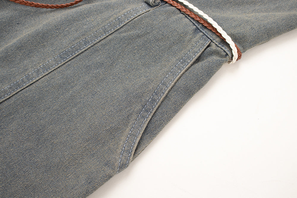 Fashion brand retro college style raw edge denim mid-length overalls all-match suspender dress R0072