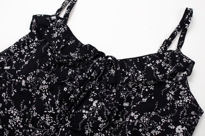Bevel floral suspender dress French style slim waist long dress for women summer irregular R0031