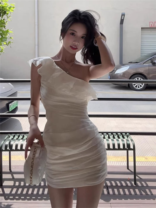 White ruffled dress women's summer slim fit hip skirt short skirt homecoming dress R3021