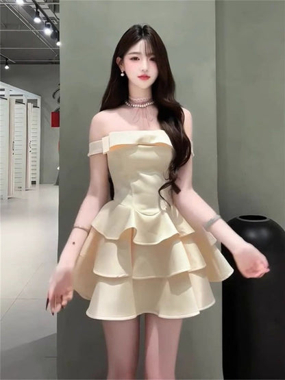 Princess Tutu Summer French Thousand Gold Bow One Shoulder Light Luxury Dress Homecoming Dress R3022