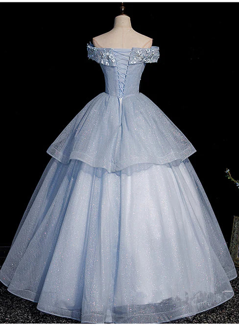 omberprom Light Blue Ball Gown Tulle with Lace Formal Dress Sweet 16 Dresses Off Shoulder Prom Dress