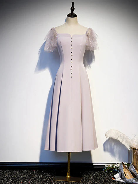 Cute Tea Length Off Shoulder Wedding Party Dress Short Sleeves Formal Dress Elegant Cocktail Dress Wholesale
