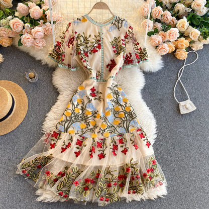 Vintage A line short sleeves floral dress women's dress P101