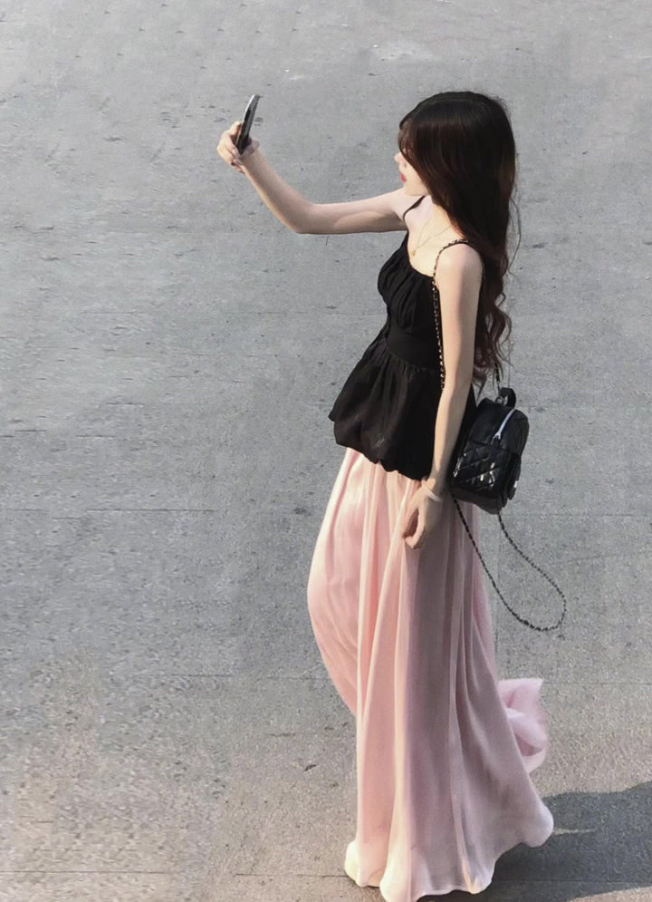 2025 suit outfit waist bud suspender top pink skirt two-piece suit R0520