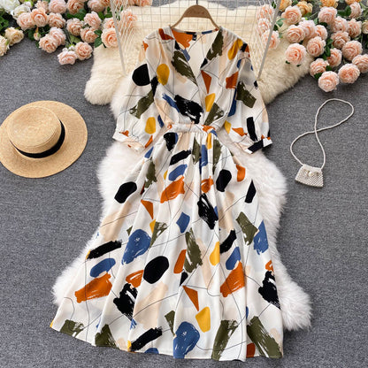 Dress goddess style temperament V-neck slim fit medium long retro print skirt R2206