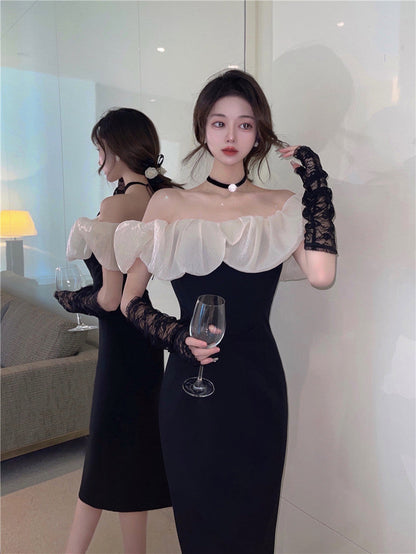 French style one shoulder dress slit gentle style banquet bridesmaid dress long skirt R1429