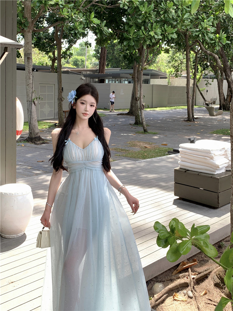Blue V-neck suspender dress beautiful gentle temperament small skirt R0669