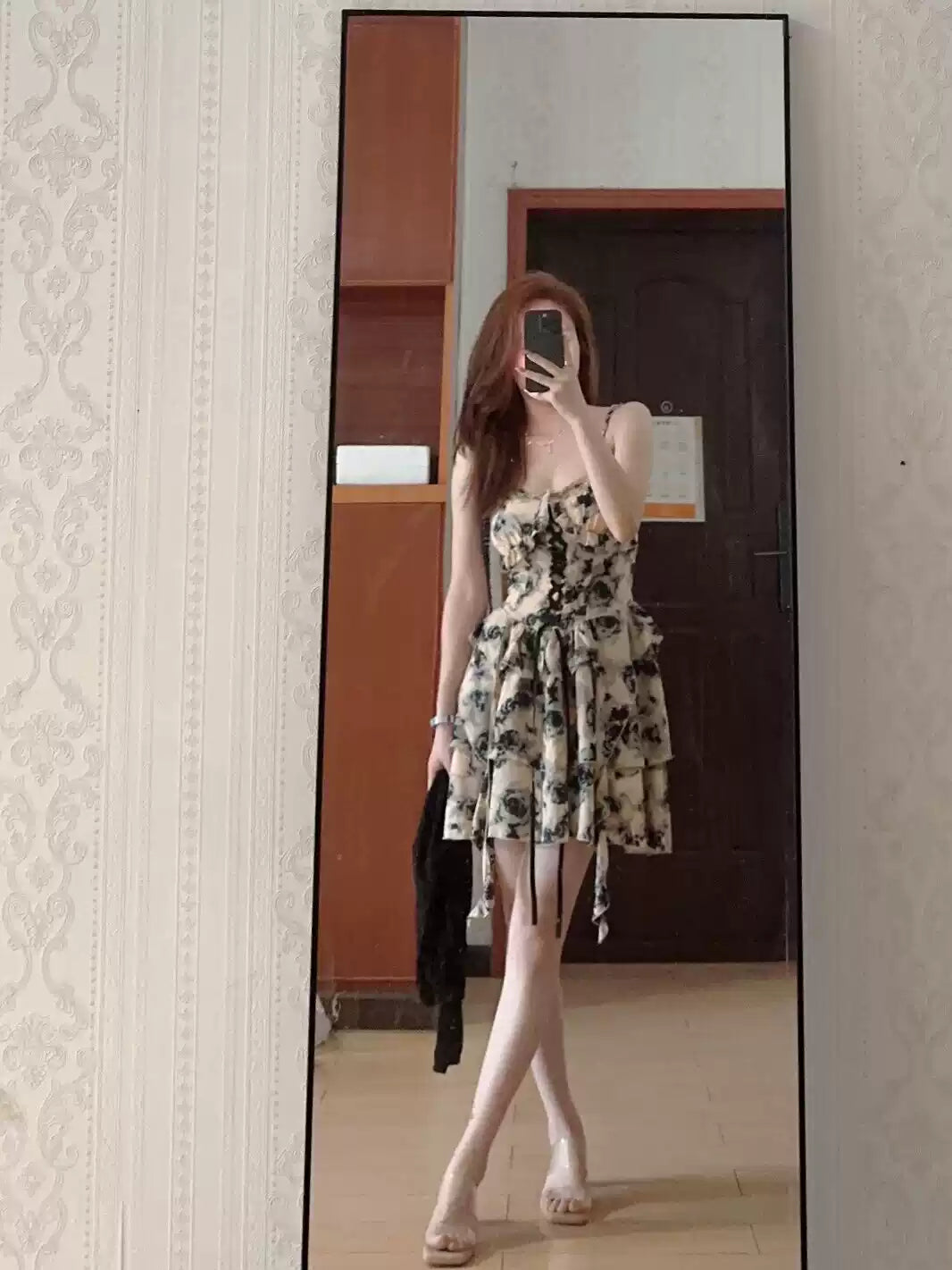 New Fashion Floral Ruffled Design A-line Cinched Waist Sleeveless Spaghetti Strap Dress TP3303