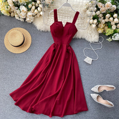 2025 new design V-neck backless retro solid color waist slimming dress R2157