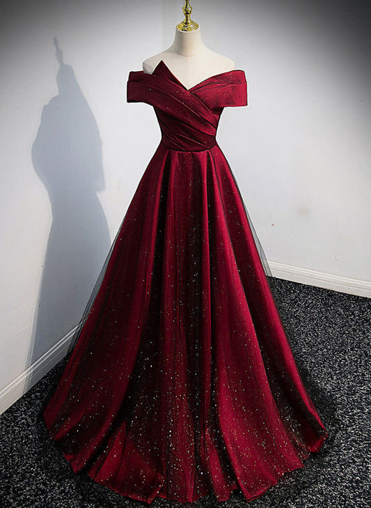 Wine Red and Black Satin Off Shoulder Prom Dress, A-line Long Party Dress