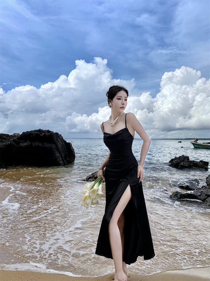 Black suspender dress slim sexy temperament slit silk satin holiday wear skirt R1443