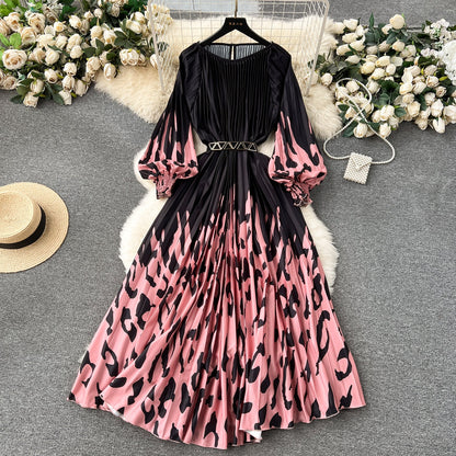 European and American style 2025 new dress printed pleated pleated waist tie holiday long skirt R2337
