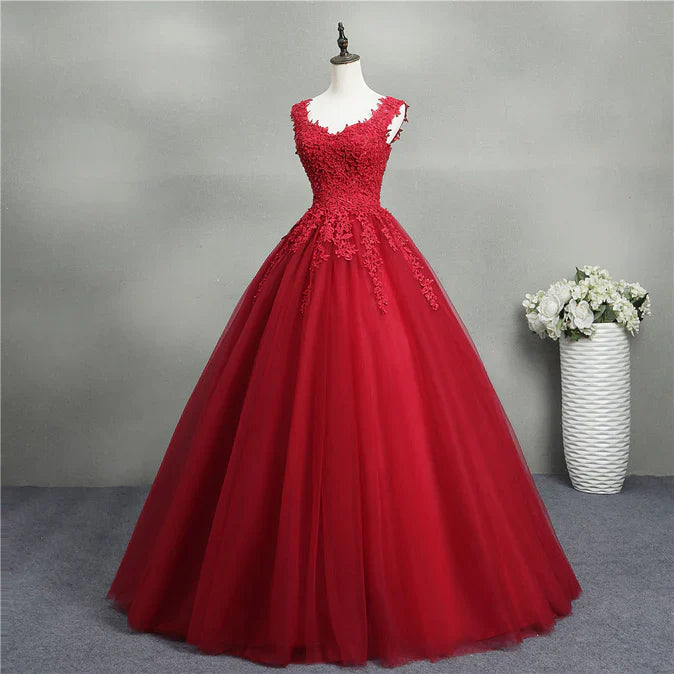 omberprom Gorgeous Red Ball Gown Sweet 16 Gown Tulle with Lace Applique Party Dress Prom Dress Wholesale