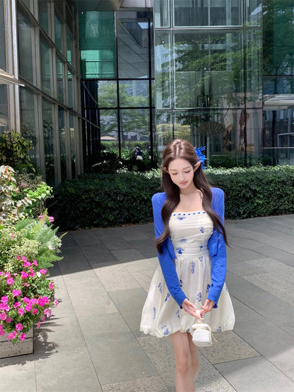 Blue floral suspender dress gentle temperament beautiful waist bud short skirt R0784