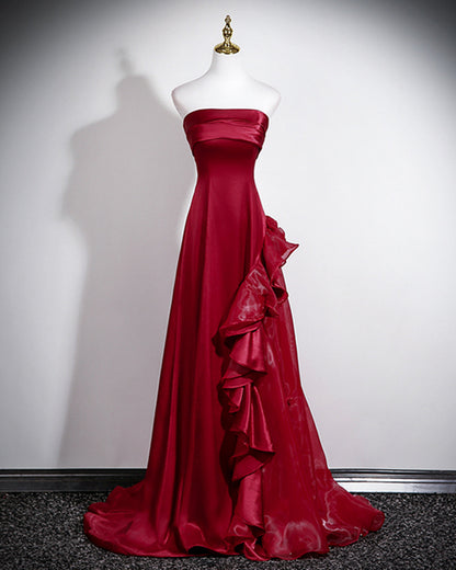 Elegant Strapless Wine Red Evening Gown with Organza Skirt, Wine Red Satin A-line Prom Dress